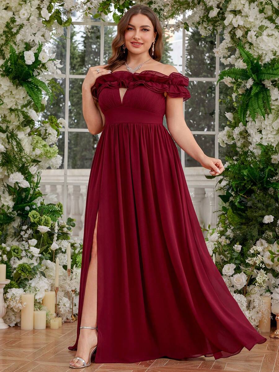 UNITHORSE Women's Plus Size Off Shoulder Chiffon Cloud Ruched Waist Slim A-Line Slit Solid Color Cocktail Party Evening Dress,Gown,Formal,Wedding Guest