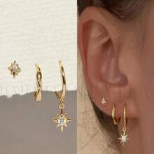 3PCS Single Ear Star Dangle Earrings, Women's Exquisite Huggie Hoop Earrings, Women's Stacked Earrings