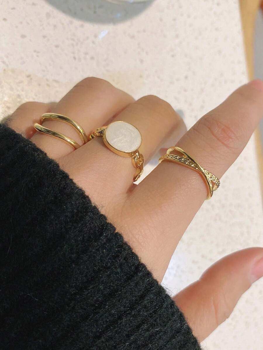 1 Set Of 3pcs Fashionable Asymmetrical Geometric Metal Rings