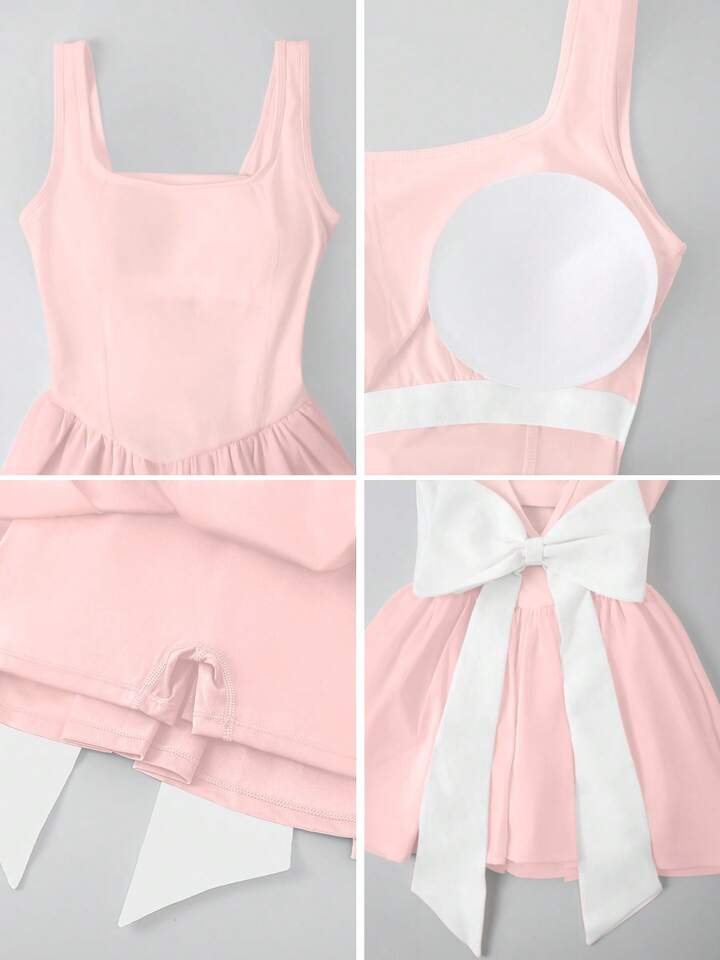 NcmRyu Women's Deep V Neck Backless Dress With Removable Padded & Bow Decor, Suitable For Running, Golf, Tennis And Outdoor Activities, Spring/Summer