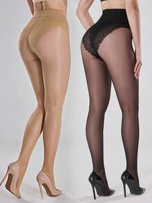 1pc 40D Women's Bikini Crotch Jacquard Transparent Tights & Fashion Sexy Legs Shaping Tummy Control Pantyhose, Cozy - Multicolor - View 1