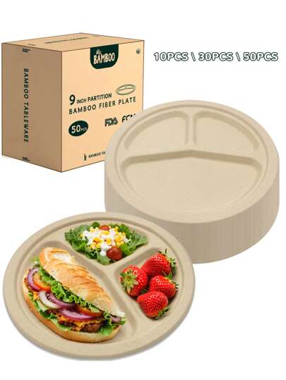100% Bamboo Fiber Three-Compartment 9-Inch Plates / 7-Inch Plates / 9-Inch Plates Disposable Tableware. Sturdy And Microwave-Friendly Disposable Tableware. Natural Unbleached Brown Color, Free From PFAS (Per- And Polyfluoroalkyl Substances). Waterproof And Oil-Proof Bamboo Fiber Disposable Dinner Plates.