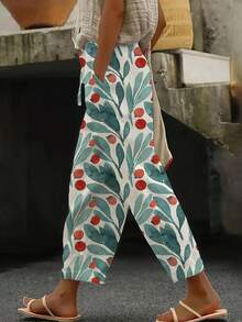 بنطلون مرن الخصر كاجوال للنساء - بناطيل فضفاضة مطبوعة بتصميم أنيق وجيوب، ملابس مريحة وأنيقة للارتداء اليومي في جميع المواسم - الأزرق - مشاهدة 1