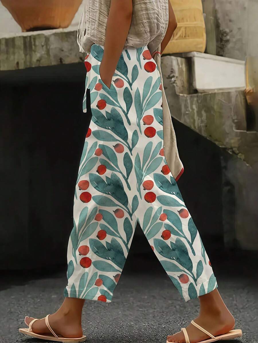 بنطلون مرن الخصر كاجوال للنساء - بناطيل فضفاضة مطبوعة بتصميم أنيق وجيوب، ملابس مريحة وأنيقة للارتداء اليومي في جميع المواسم - الأزرق - مشاهدة 1