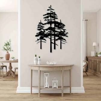 1 件乡村金属松树剪影墙饰，黑色涂层铁艺墙饰 - 客厅云杉装饰，室内外圣诞装饰