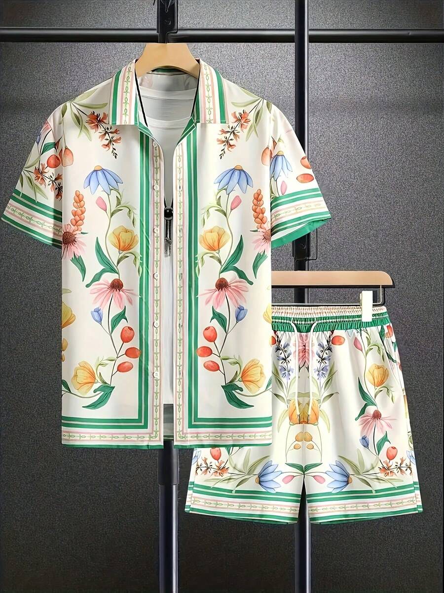 Fashion Men's Lapel Short-Sleeved Suit - 軍綠色 - 查看 1