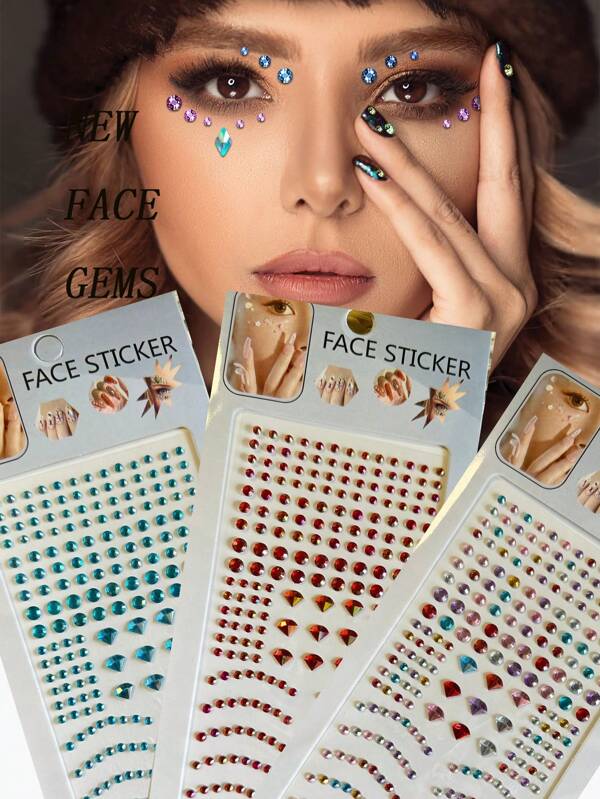 247pcs New Face Gems, Mixed Self-Adhesive Face Stickers - Different Colors, Elegant Diamond Shaped For Face, Nail And Eye Makeup