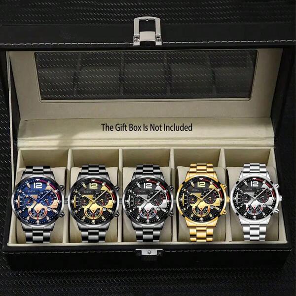 Set de 5 relojes de pulsera de acero con correa para hombre, relojes de cuarzo con indicador luminoso para deporte