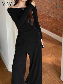 [Y6Y] 露肩不对称长袖上衣+长直筒裤，两件套休闲办公室装