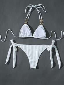 Sommer einfarbig elegante Lässig Metal Dekor Bindetop Bikini-Sets für Damen - Weiss - Übersicht 3