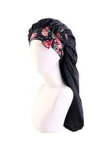 1pc Long Satin Printed Braided Hat - Sleep Silk Hair Cap With Elastic Straps, Suitable For With Curly Hair(Random Print Pattern) - A - View 11