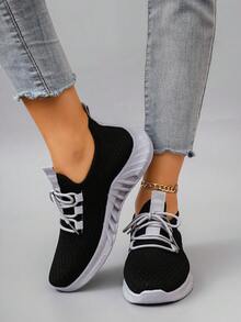 STEPREACH 秋冬女士休闲运动网眼运动鞋，透气舒适轻便系带纯色亮粉色防滑耐磨 - 灰色 - 查看 5