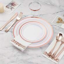 50pcs Set Gold/Silver/Rose Gold/White Ivory Party Plates, Variety Of Colors, Dessert Plates, Salad Plates, 10.25-Inch And 7.5-Inch Dinner Trays, Suitable For Halloween, Christmas, Wedding, Party, Dinner