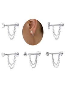 1pc Flat Back Stud Earrings Push In Cartilage Studs Earrings Chain Earrings For Women Stainless Steel Tragus Earrings Hypoallergenic Threadless Earrings Studs Piercing Jewelry