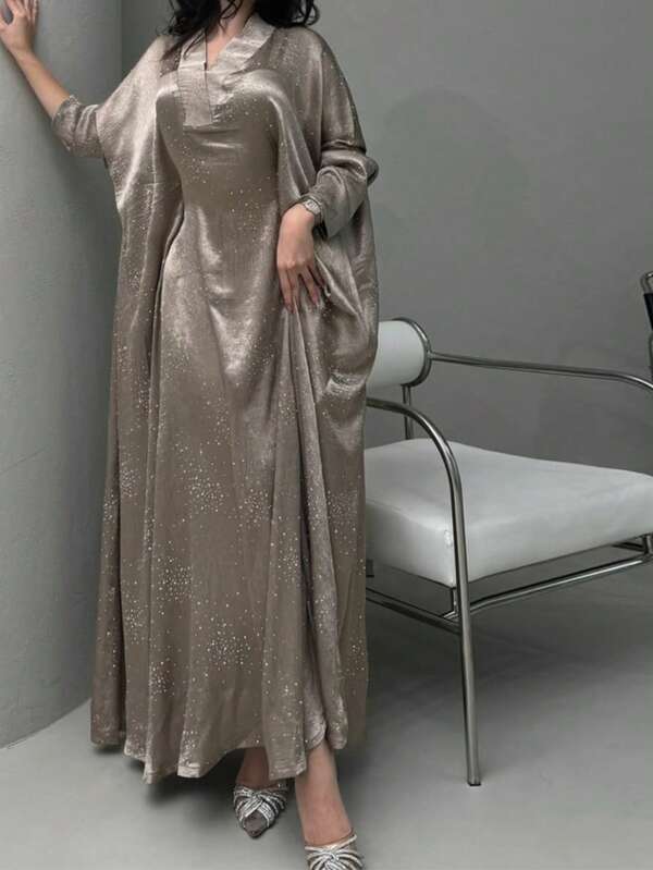 New Middle Eastern Women's Fashion Abaya With Rhinestone Decor, Pullover Long Robe (Random Rhinestone)