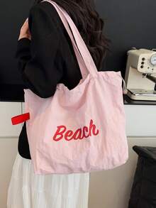1pc Minimalist Casual Letter Print Shoulder Tote Bag, Large Capacity Shopping Bag, Suitable For Women Outings, Vacations, And Travels - Pink - View 4
