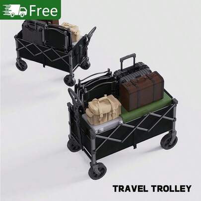 GAWFOLK New Large Capacity Trolley With Brakes And Foldable And Adjustable Handle.Foldable Outdoor Camping Cart, An All-Terrain Tire Trolley, And A Convenient Goods Transport Vehicle. It Can Be Used For Outdoor Picnics, Park Gatherings, Shopping, Picking Up Goods, Fishing, At The Beach, Or On The Lawn. It Comes In A Stylish Black Version.