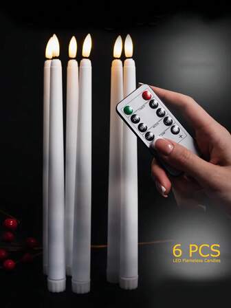 6pcs Ivory Wax LED Candle Lights, Battery Operated Flameless Taper Candles With Remote Control/Timer, Warm White, For Home, Halloween, Christmas, Valentine's Day, Wedding, Party, Holiday Decor