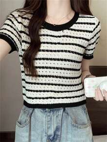 女士夏季时尚黑白条纹针织上衣，宽松女孩时尚短袖 - 黑與白 - 查看 8