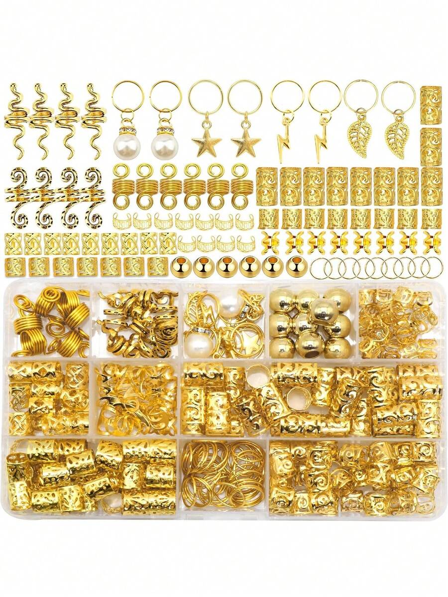 Bộ phụ kiện tóc Cecillia Gold 220 món, trang trí tóc tết, kẹp tóc nữ, vòng tóc kim loại, hạt trang trí tóc dreadlock, trang sức tết tóc, kẹp tóc phong cách Bohemian, tóc nối, phụ kiện tóc, phụ kiện đội đầu, ghim cài tóc.