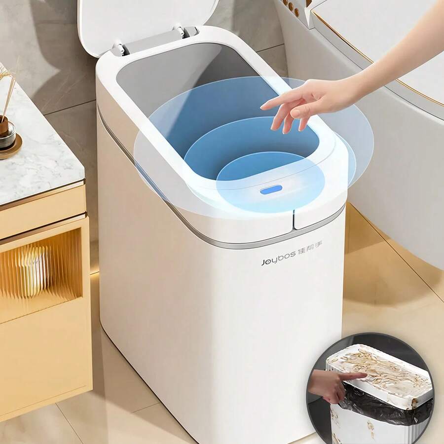 Joybos 1pc 3.5 Gallon Bathroom Trash Can With Lid , Touchless Motion Trash Can With Automatic Adsorption Bagging, 2 Rolls Of Garbage Bags.Auto-Adsorption Slim Small Waste Basket, Bathroom Garbage Can.Ultra-Thin Small Trash Basket, Suitable For Bedroom, Bathroom, Kitchen,Office. - 白色 - 查看 1