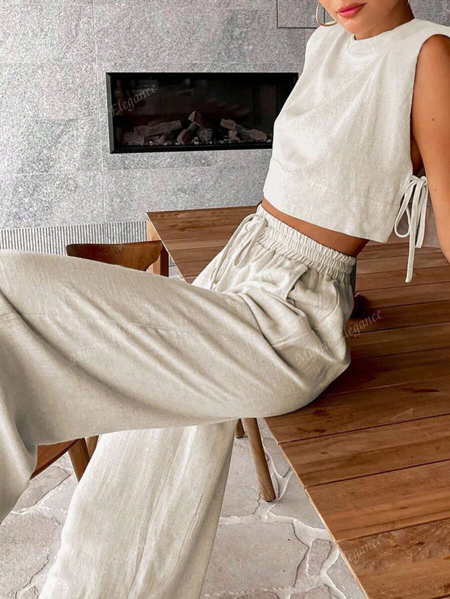Women's Casual Fashion Solid Color Imitation Linen Material Versatile Round Neck Tie Short Top And Loose Wide-Leg Pants Two Pieces Set