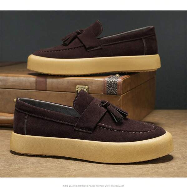 Men's Slip-On Loafers, Soft & Comfortable, Casual Street Style Shoes, Solid Color, PU Lining, Tassels Decor, Rubber Outsole, Round Toe, Low-Top, Breathable, Suitable For All Seasons
