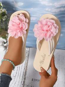 Teenage Thick Sole Round Toe Flower Decor Flip Flops, Printed Anti-Slip Beach Sandals, Fashionable Resort Style