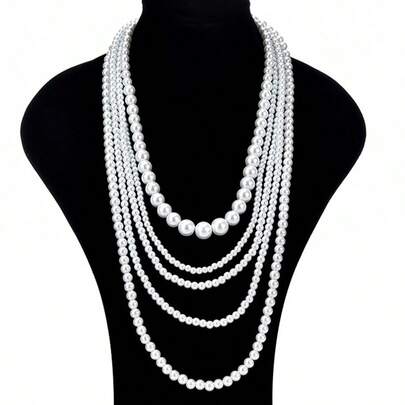 1pc Long Multi-Layer Pearl Beads Necklace, Elegant Versatile Sweater Chain