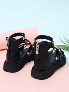 1 Pair Girls' Summer Solid Color Open Toe Fashion Sandals, Soft & Comfortable Lining, Durable Sole - Black - View 2