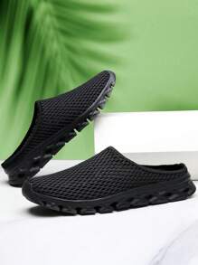 Men's Black And Gray Breathable Mesh Slip-On Casual Slippers, Thick Non-Slip Sole Comfortable Sports Sandals, Fashionable Knit Material Footwear, Suitable For All Seasons