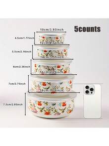 5pcs/Set Enameled Refrigerator Food Storage Bowls With Lids, 10cm/12cm/14cm/16cm/18cm, Floral Patterns, Stackable And Portable Mini Multi-Function Bowls For Mixing, Fruit Storage, Cake Preservation, Reusable Kitchen Accessories - Multicolor - View 16