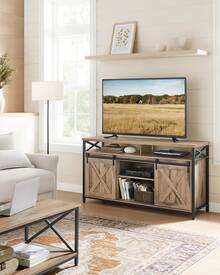 VASAGLE Meuble TV, Support pour Téléviseur Jusqu'à 65 Pouces, avec Étagères Réglables, Portes Imitation Grange, Style Rustique, Cadre en Métal, Marron Camel et Noir Simple - Marron Camel et Noir Simpl - Voir 1