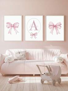 3 Pcs Custom Name Wall Art Poster Personalized Name Pink Bow Print Painting Modern Print Picture Lovely Hanging Picture Bedroom Wall Decoration Girls Room Decor Birthday Gift No Frame,Home Harmony,Xmas Decoration,For Housewarming - Pink - View 2