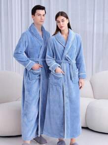 1pc Autumn/Winter Extended Thick Flannel Bathrobe, Elegant Adult Flannel Bathrobe, Summer,Holiday Home Bathroom Decor