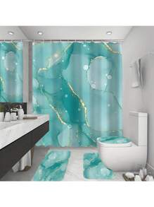 1/4 Pcs Blue & Green Marble Pattern Bathroom Set, Waterproof Shower Curtain With 12 Hooks, U-Shaped Rug, Toilet Lid Cover, L-Shaped Mat, Beautiful Bathroom Decor Accessories Fall Decor Bathroom Accessories Back To School