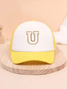 1PC Yellow Mesh Boys And Girls 26 Letter Trucker Hat For Outdoor Fun And Play Sun Protection For Boys And Girls Back To School Daily Wear, Holiday Gift - Yellow - View 8