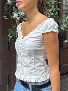 Women Y2k Fairy Grunge Button Down Shirts Tops Cap Sleeve Ruffle Sweetheart Neck Slim Fit Frill T Shirts Off The Shoulder Crop Tops Summer Going Out Tops Casual 90S Vintage Blouse Streetwear 2000s Aesthetic Clothes - 白色 - 查看 4