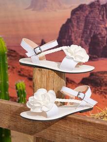 1 Par de Sandálias Planas Fashion Femininas para Verão, Sandálias Elegantes para Senhoras com Tiras Trançadas e Laço, Cor Sólida Slip-On com Decoração Floral 3D, Estilo Pastoril Chique para Conforto ao Ar Livre, Praia, Férias - Branco - Visão 6