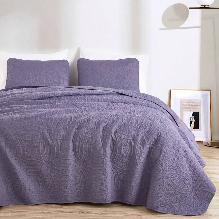 Austin Oversized Bedspread Set 3-Piece Ultrasonic Quilted Soft Lightweight Microfiber Coverlet For All Season - 淺灰紫 - 查看 1