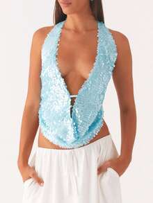 Women's Sexy Halter Going Out Top Open Back Deep V Neck Sleeveless Vest Tank Tops Party Clubwear Sparkly Sequins Tank Tops Streetwear