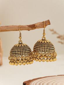 1 Pair Vintage Jhumka Earrings With Intricate Palace Pattern & Tassel Design, Suitable For Women To Wear Daily, Festival, Wedding And Party - Multicolor - View 7