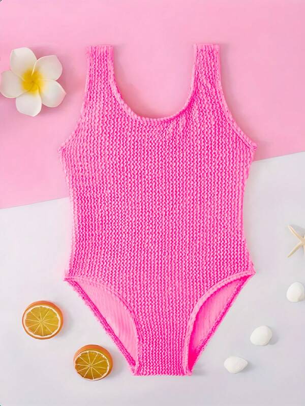 1 pieza Traje de baño de una sola pieza de triángulo de volantes de unicolor sin mangas para niñas, para playa, piscina, 4-7 años