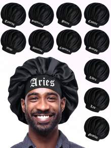 1pc Men Satin Sleep Bonnet - Soft Hair Protection Cap With Wide Band For Nighttime & Daily Use, Black With White Print, Hair Bonnet For Sleeping