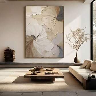 1 件优雅的日式花卉墙饰，奢华的客厅装饰，柔和的米色和灰色色调，木制框架，非常适合客厅、卧室、办公室或浴室装饰，客厅艺术品 | 宁静的房间装饰 | 细致的花瓣设计，墙面装饰无框架