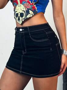 Women's Stretchy Denim Mini Skirt - High Waist Sexy Bodycon Button Down Jean Skirt With Pockets, Casual Comfortable Tight Fitting Short Denim Skirt For Women - màu đen - Xem 1