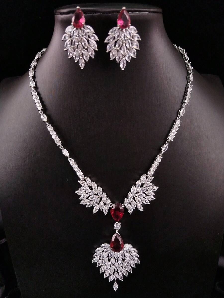 1 Set 3pcs Luxury Waterdrop Zirconia Necklace & Earrings Jewelry Set, Bridal Wedding Party Evening Dress Accessories For Women - Water Droplets - View 1