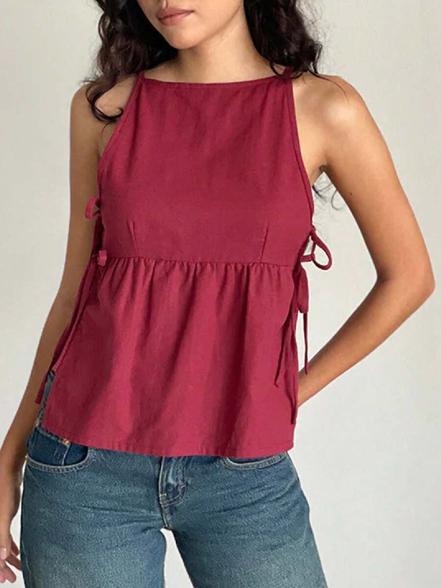 Women's Tie Strap Tank Tops Solid Plaid Pattern Side Ties Sleeveless Spaghetti Straps Camisole For Summer