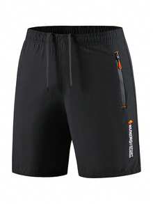 Shorts de corrida femininos pretos de secagem rápida com bolso lateral com zíper - cintura elástica com cordão, shorts esportivos com design de tipografia contrastante para academia, exercícios ao ar livre