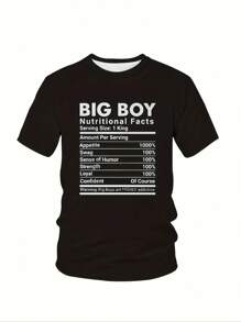 Big Boy Nutrition Facts Printed T-Shirt, Casual Short-Sleeve Tee For Outdoor Wear, Oversized Men'S Clothing Top, Novelty T-Shirt For Men, Streetwear, Plus Size